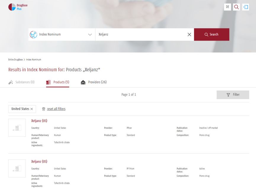 Substances, medicines, and manufacturers are possible search entries. Several filter options (e.g., country) are available.