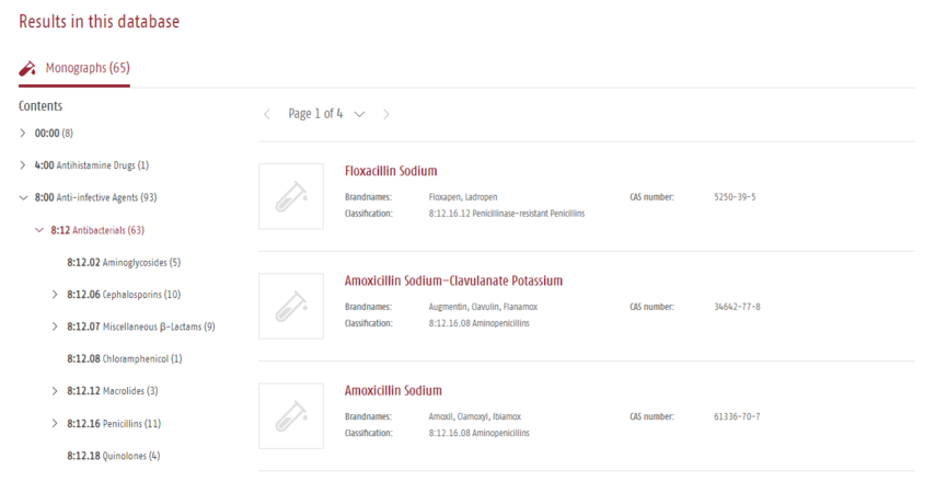 The active ingredients can also be browsed using the AHFS classification system.